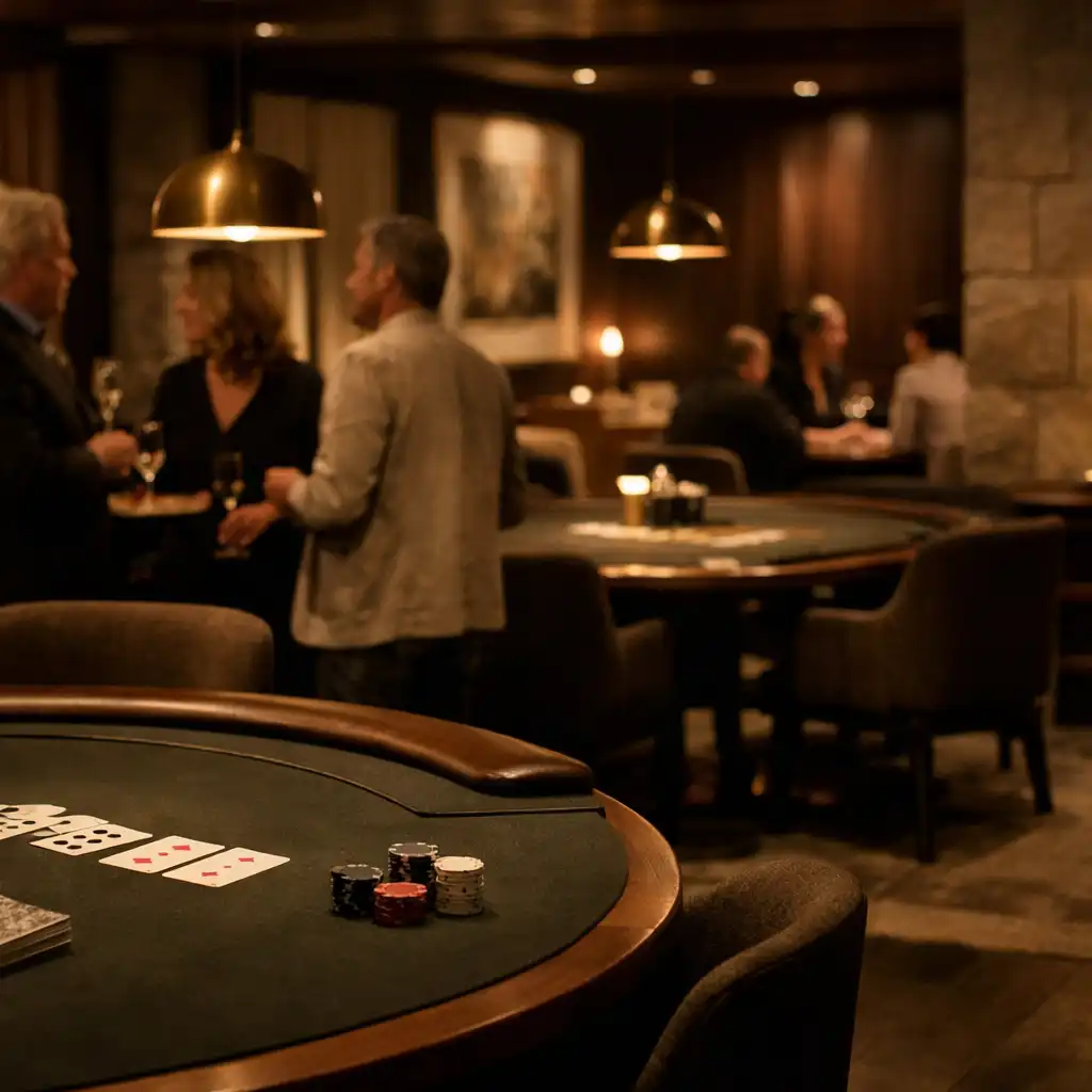 A warmly lit card lounge with dark timber tables and guests in quiet conversation.