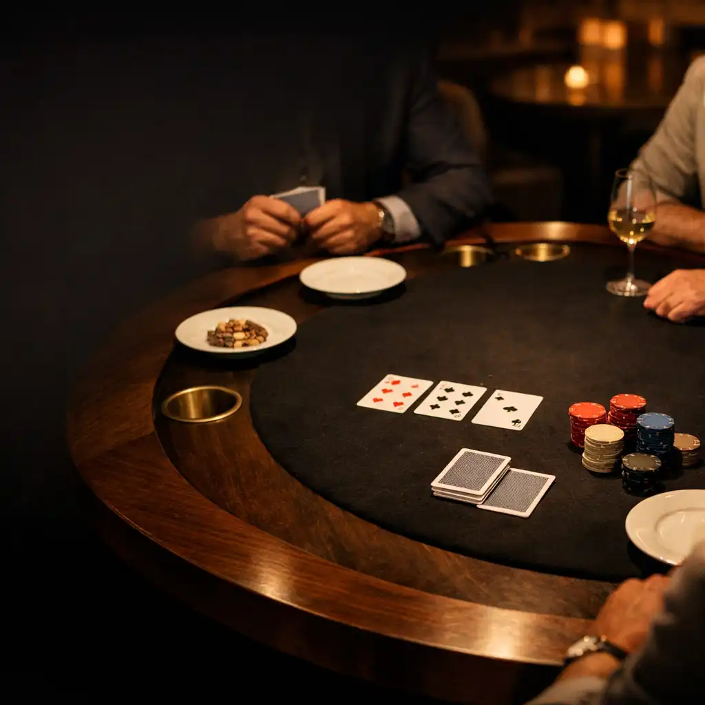 A dark timber table prepared with cards, porcelain plates and discreet table accessories.