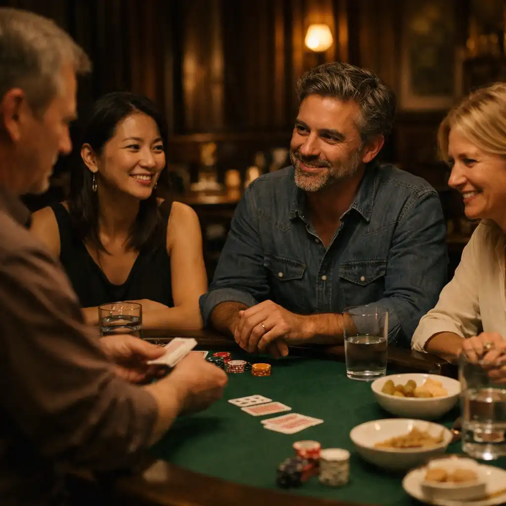People gathered around a physical poker table with dishes and cards during a social evening.