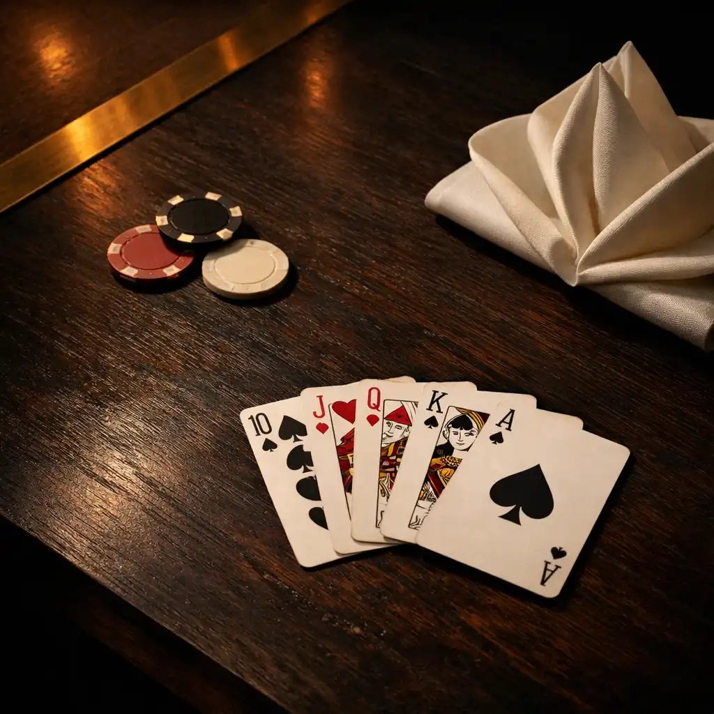 Dealt cards, porcelain and discreet table accessories on a dark timber table.