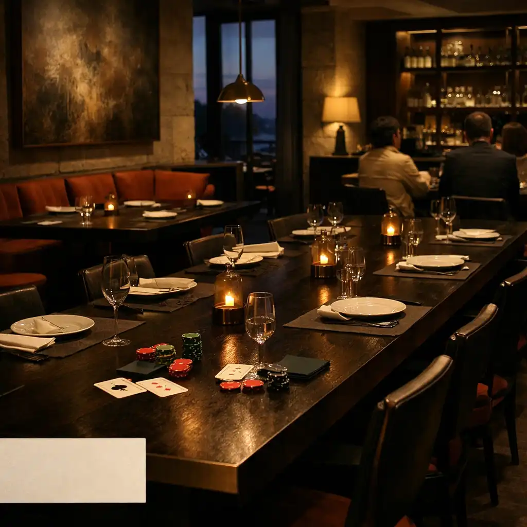 Long dark timber communal table with porcelain settings in Gildedtableclub after dusk.