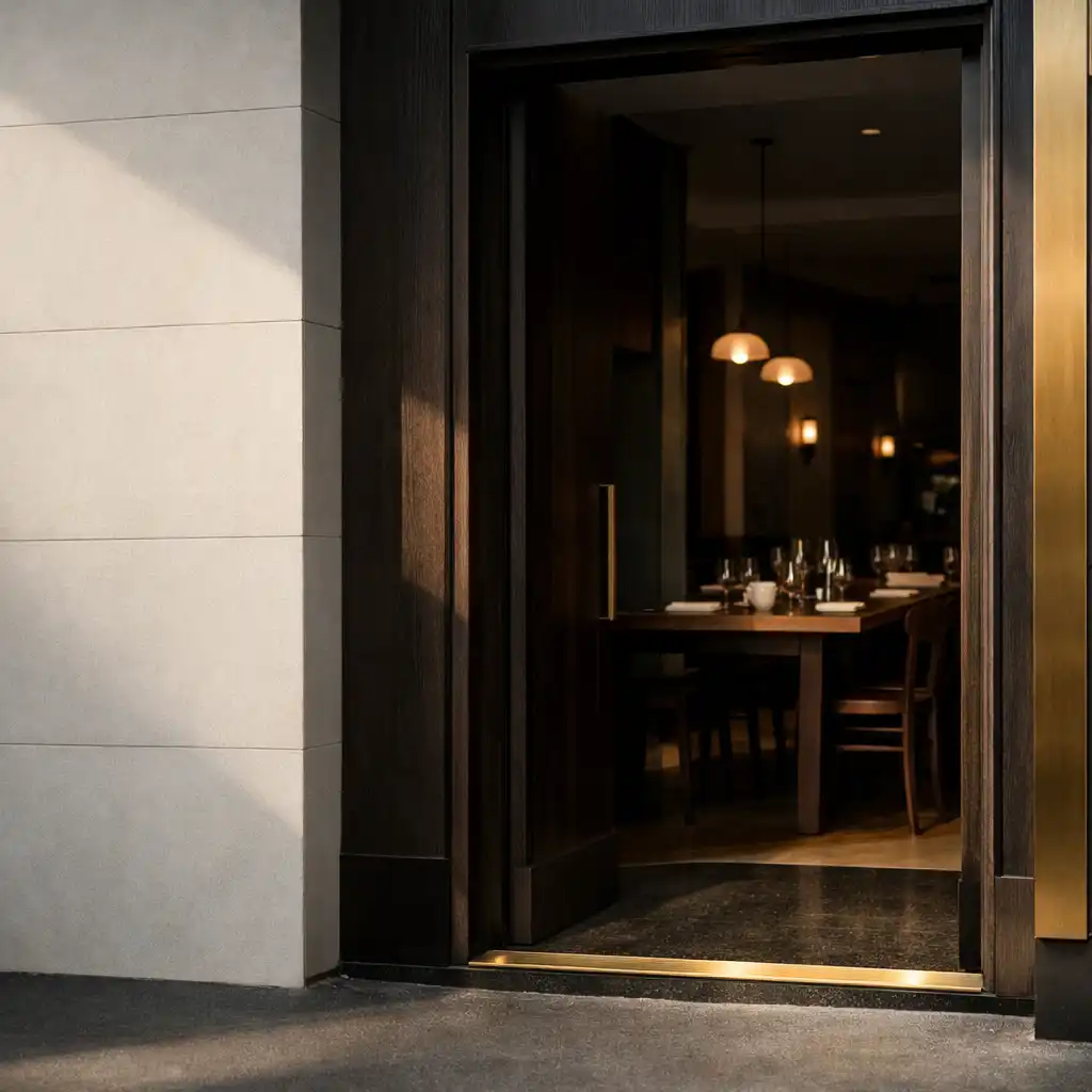 Entrance threshold to Gildedtableclub with a dark timber doorway and warm tables inside.