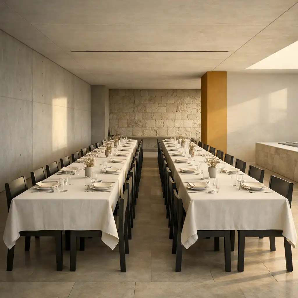 Long communal tables in a calm architectural dining room