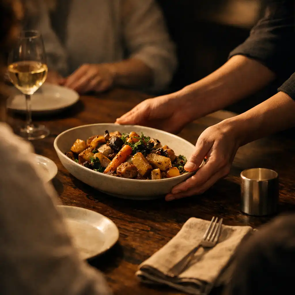 Hands placing a shared dish onto a communal dining table