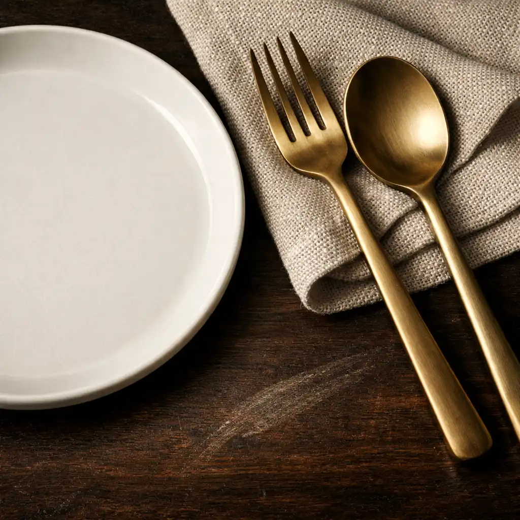 Porcelain, textured linen and warm metal cutlery on a dining table