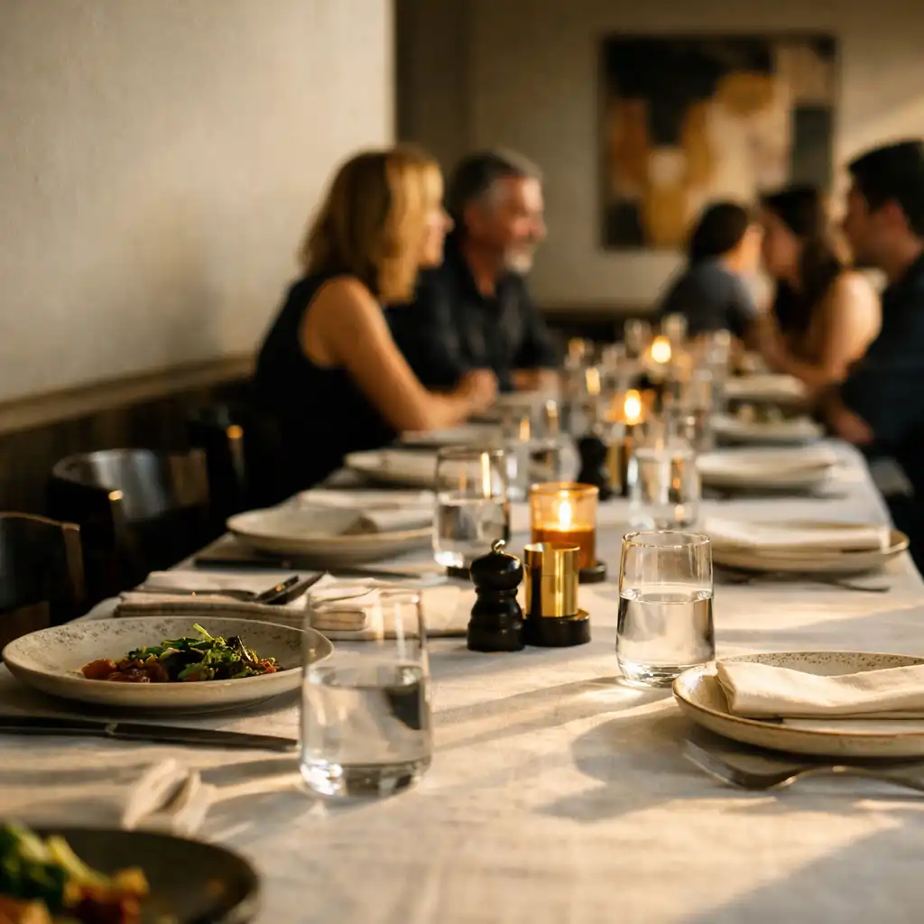 Guests in quiet conversation around a communal dining table