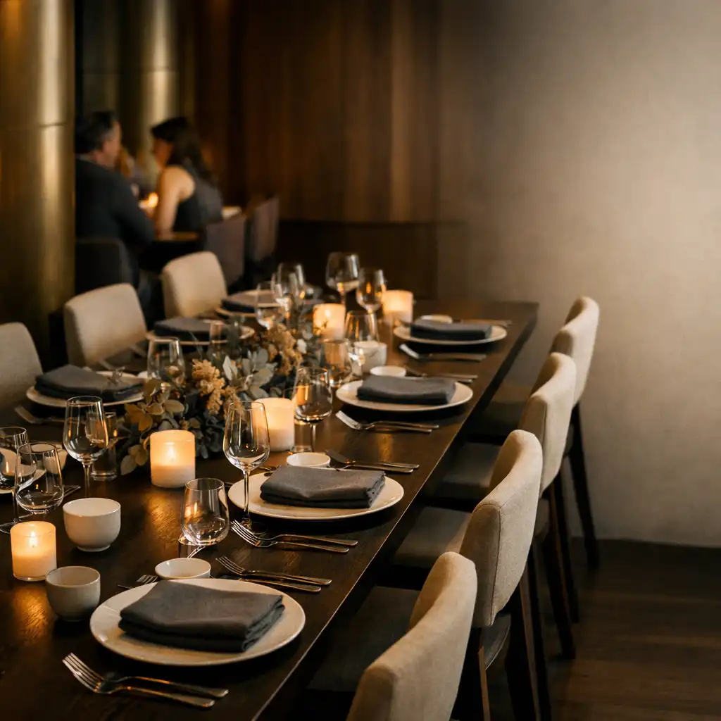 An intimate private table prepared for an evening gathering