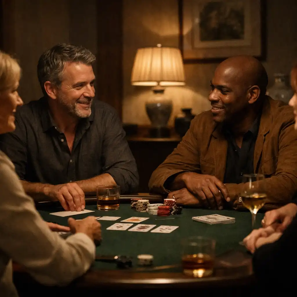 Guests in conversation around a physical poker table in the card lounge