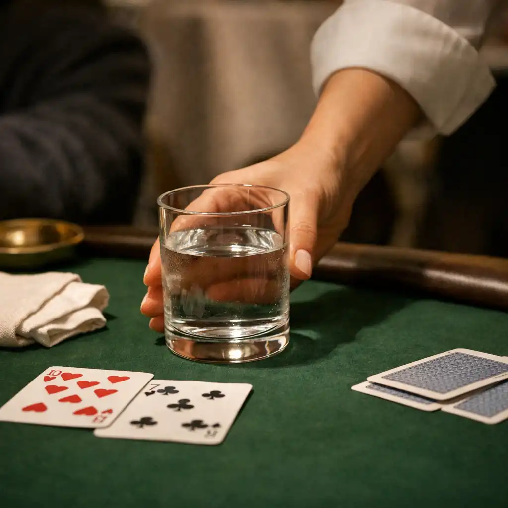 A water glass being placed beside physical cards on a table