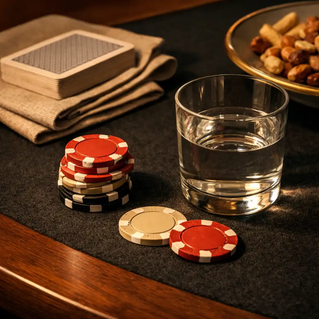 Physical chips beside glassware, linen, cards and a small plate