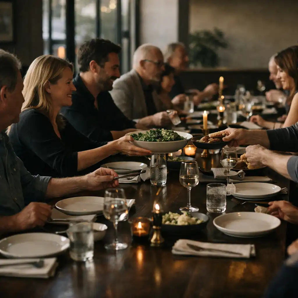 Guests sharing plates at a communal dining table