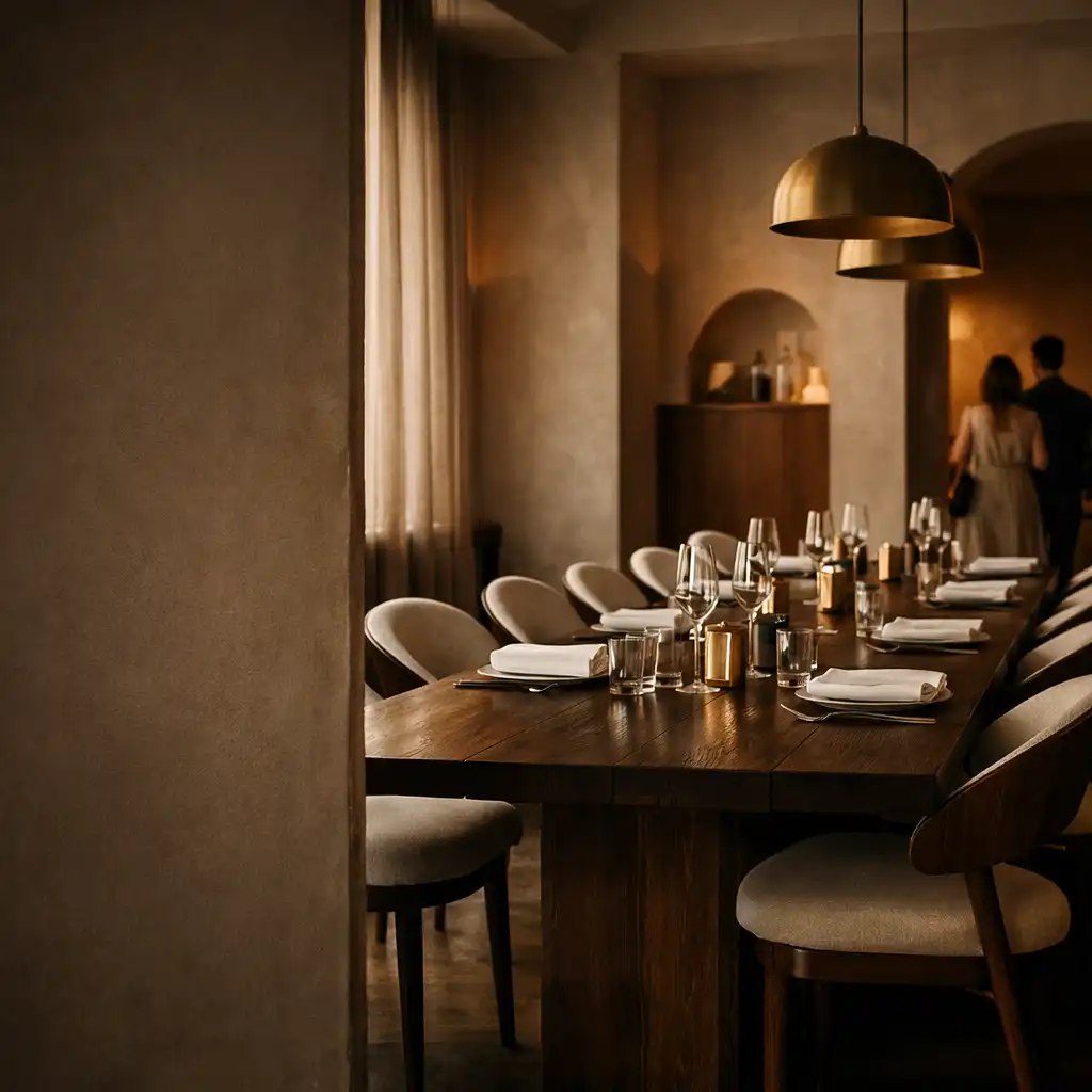 A long communal table in Gildedtableclub's softly lit dining room