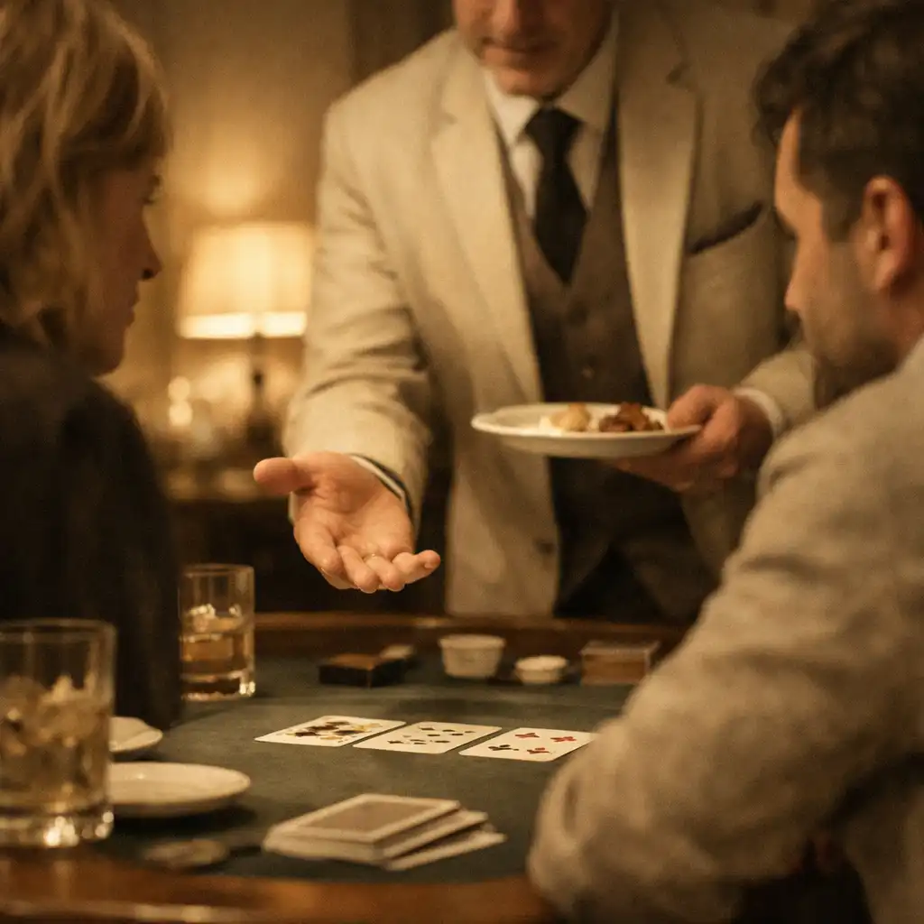 Guests sharing a welcoming gesture across a poker table