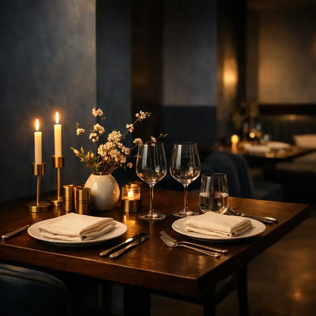 An intimate private table setting with porcelain, linen and brass accents