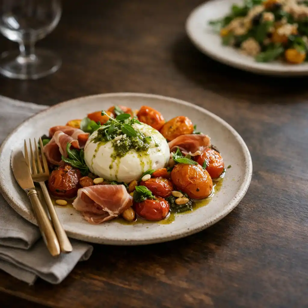 A shared dish on porcelain with linen and table settings