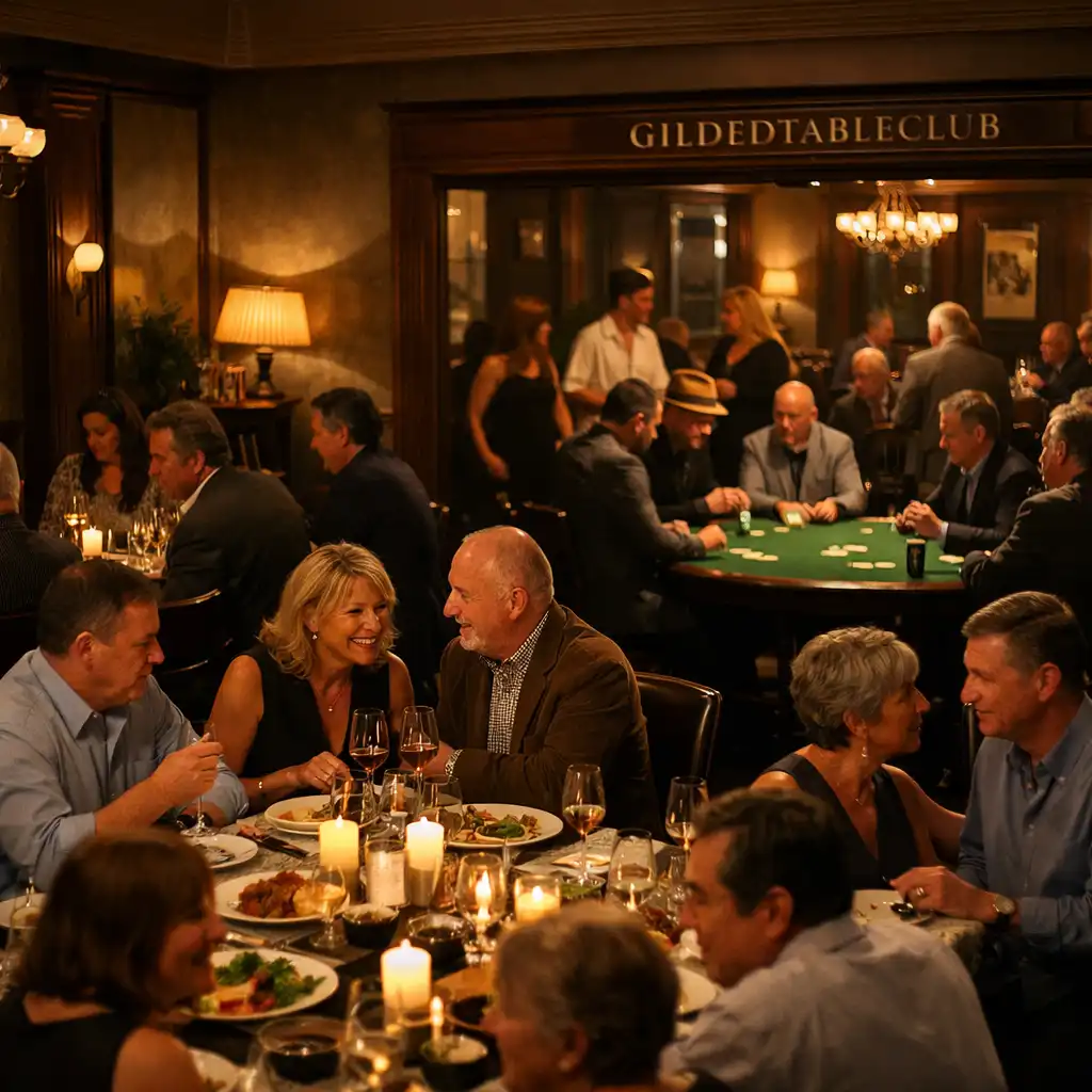 Communal diners and guests in the adjacent card lounge during a social evening