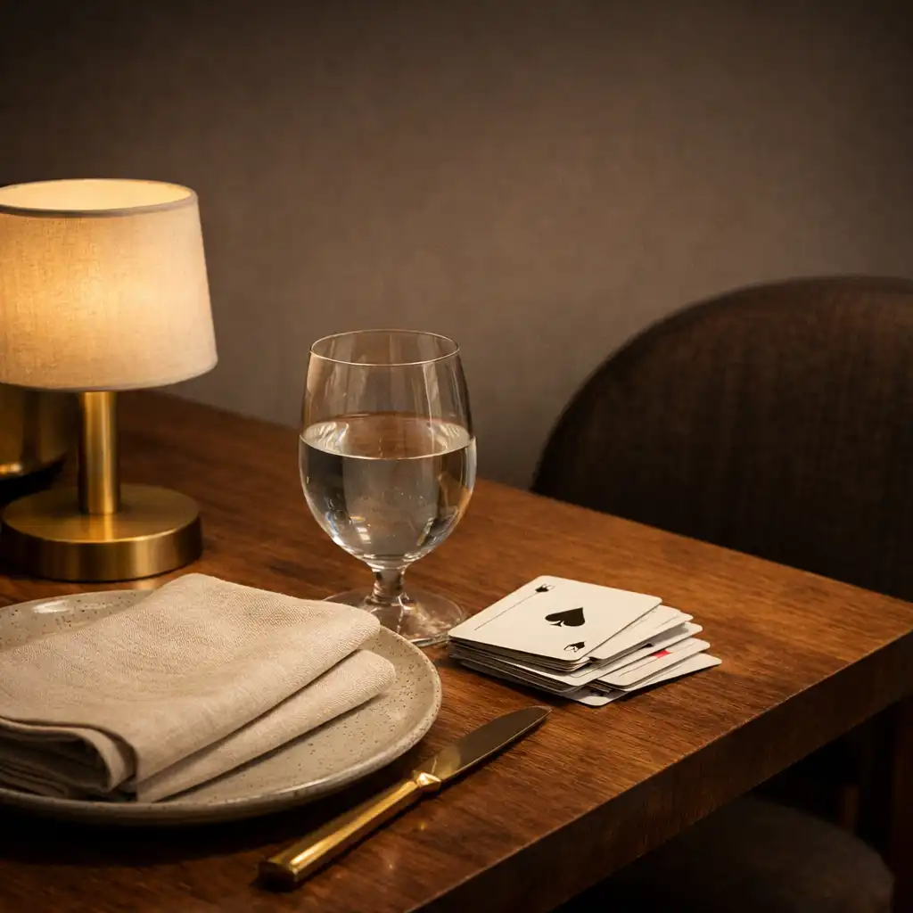 Linen, glassware and physical cards arranged at a table setting