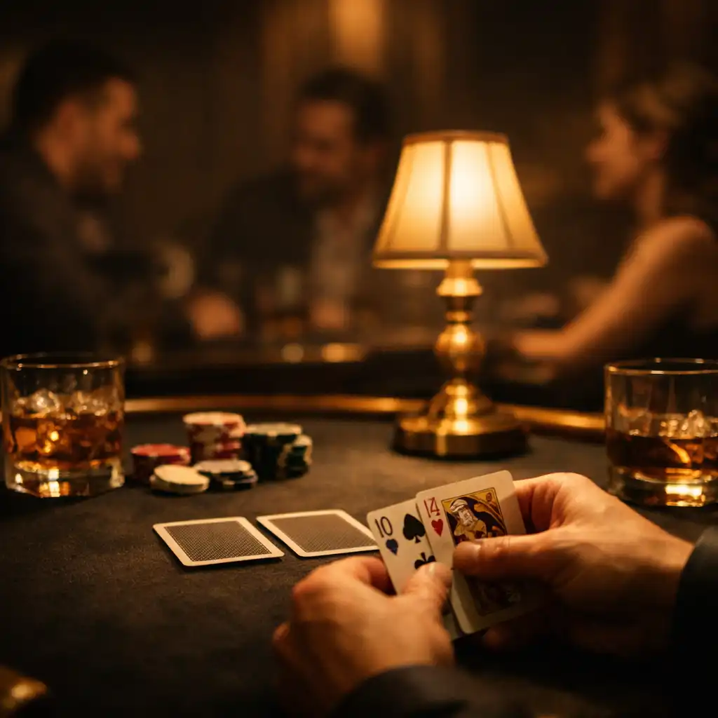Hands arranging dealt cards at a warmly lit physical poker table