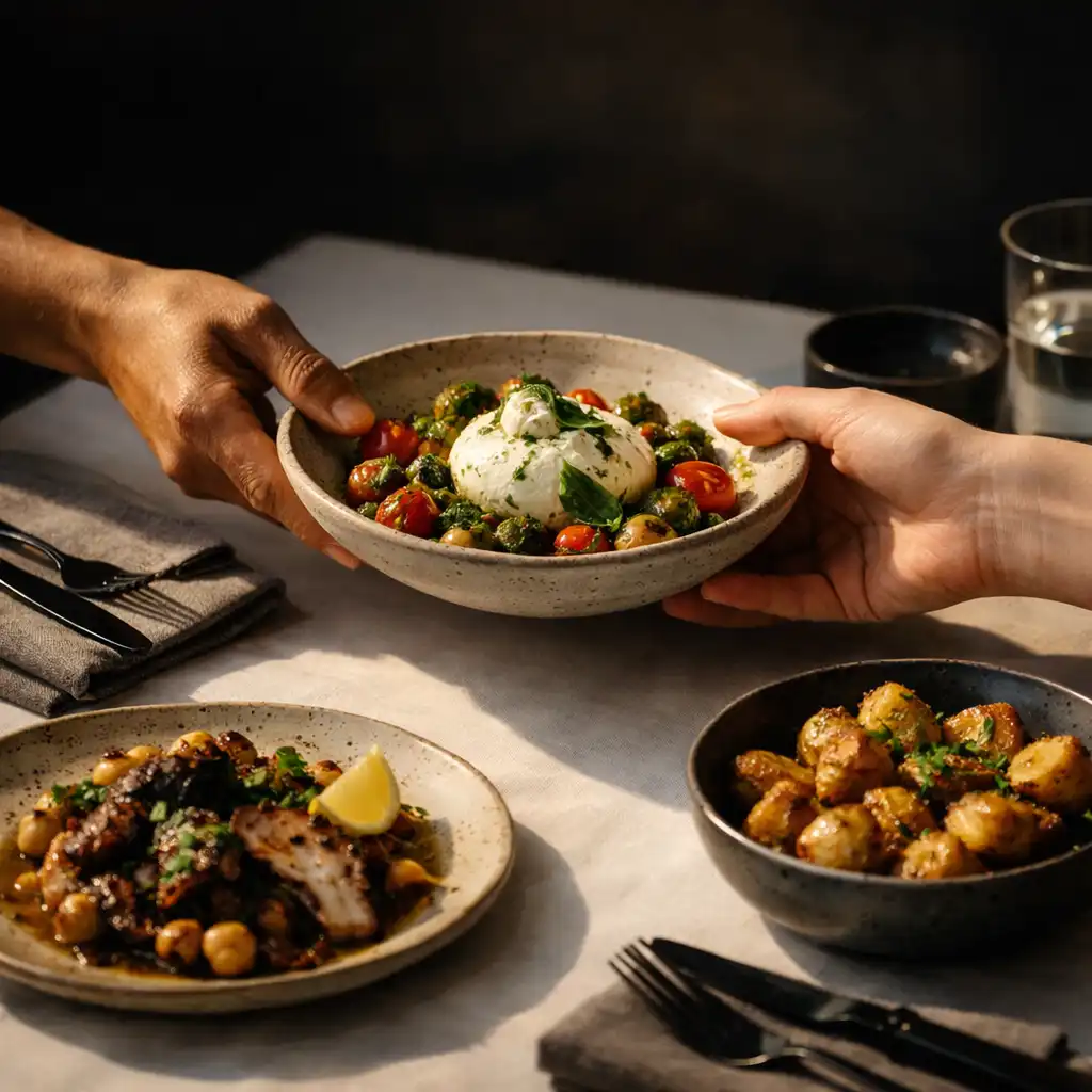 Hands sharing plates across a porcelain-covered dining table
