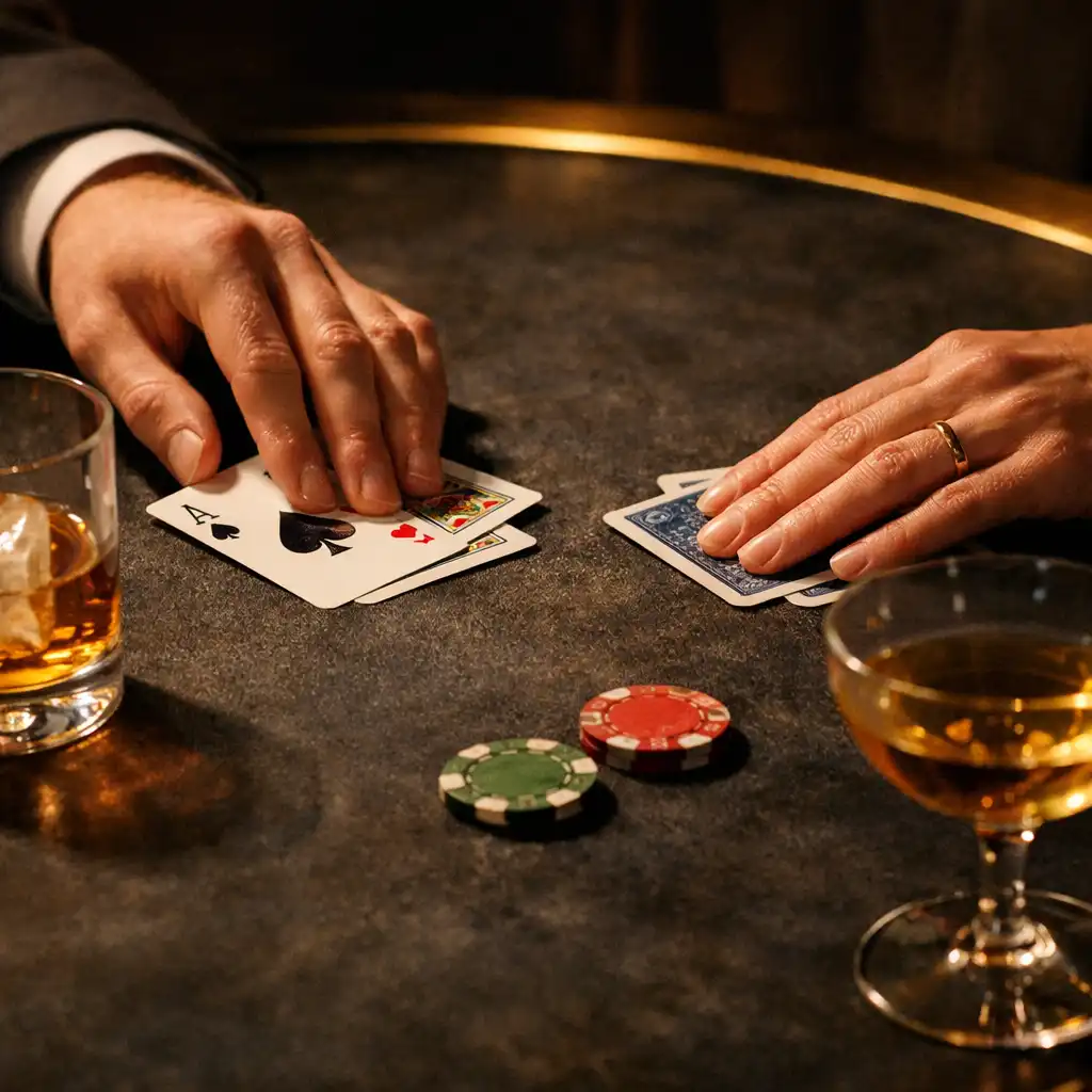 Hands arranging cards beside glassware at a physical poker table