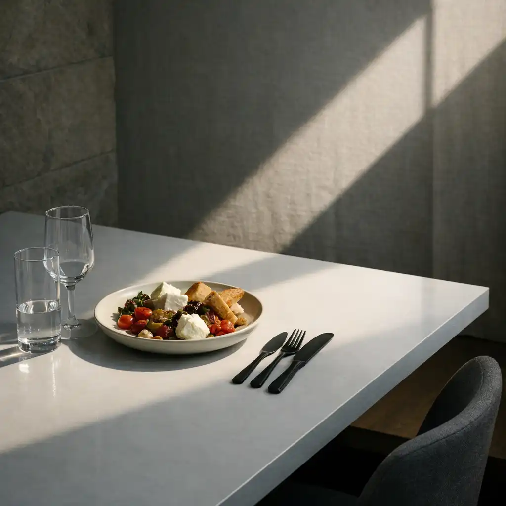 Light falling across a porcelain dining table