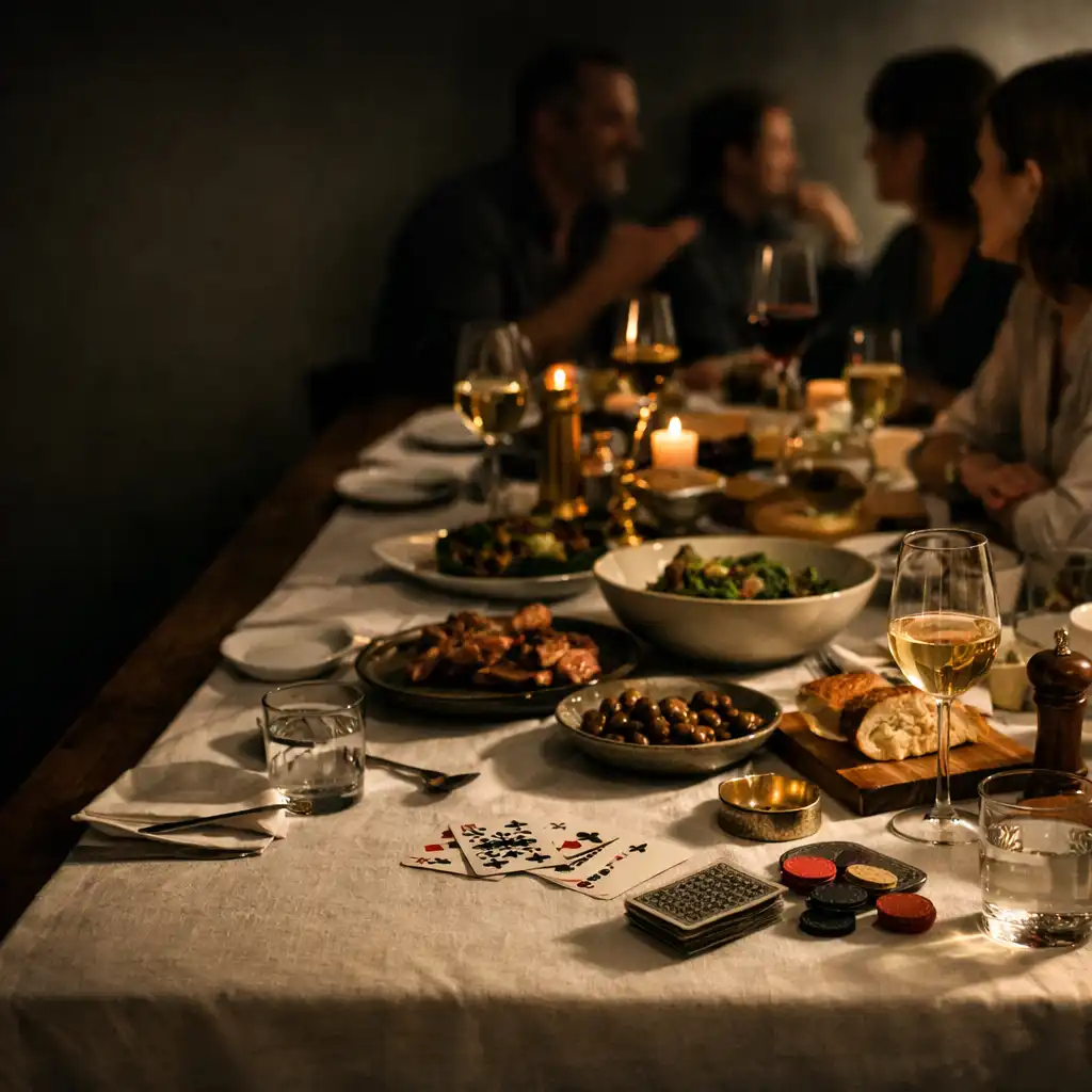 Guests gathered around a communal table with shared dishes and cards