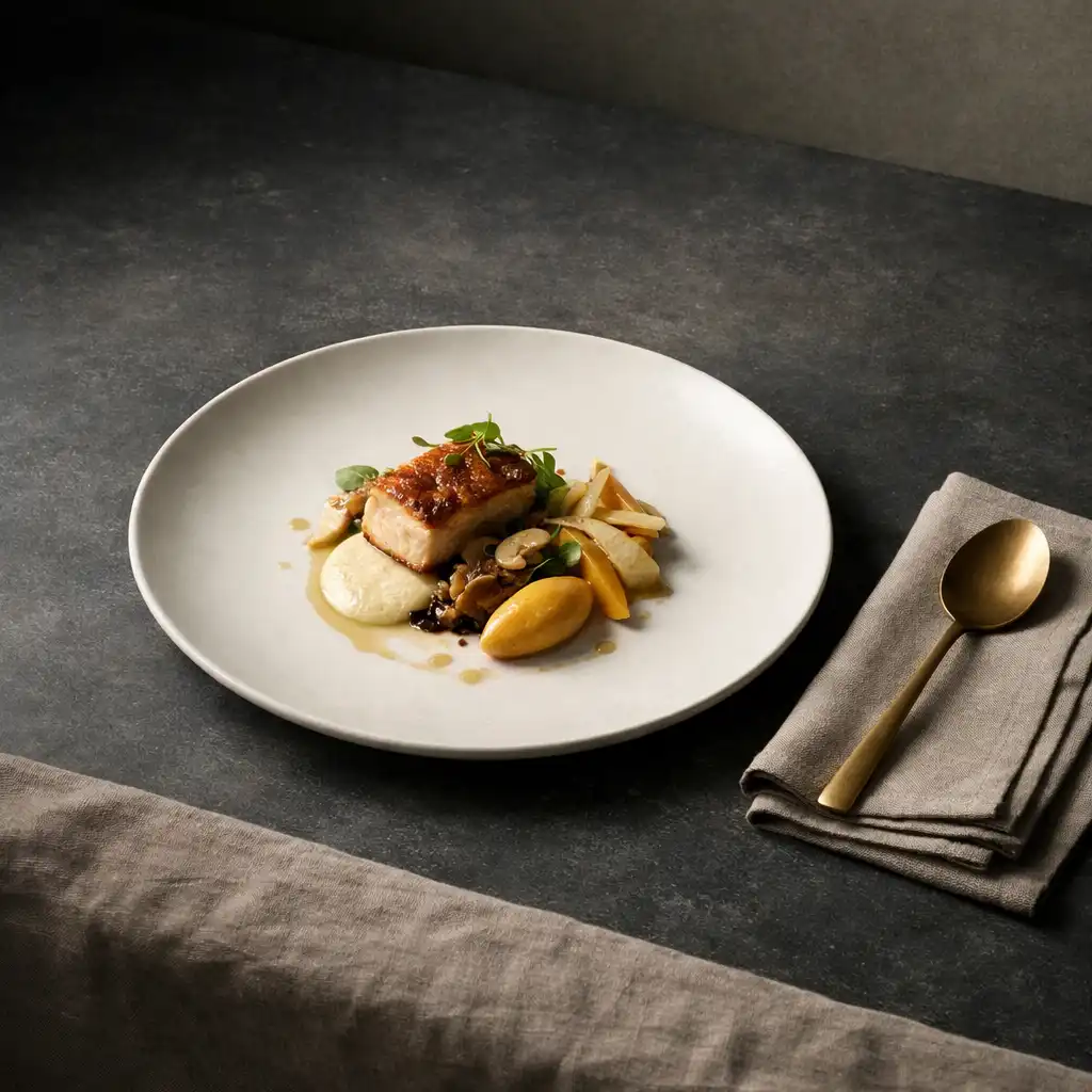 A composed dish presented on porcelain with linen and brass details