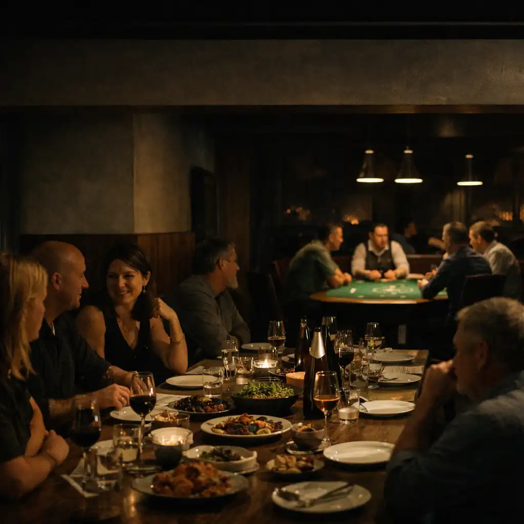 Guests conversing at a communal table during a social evening