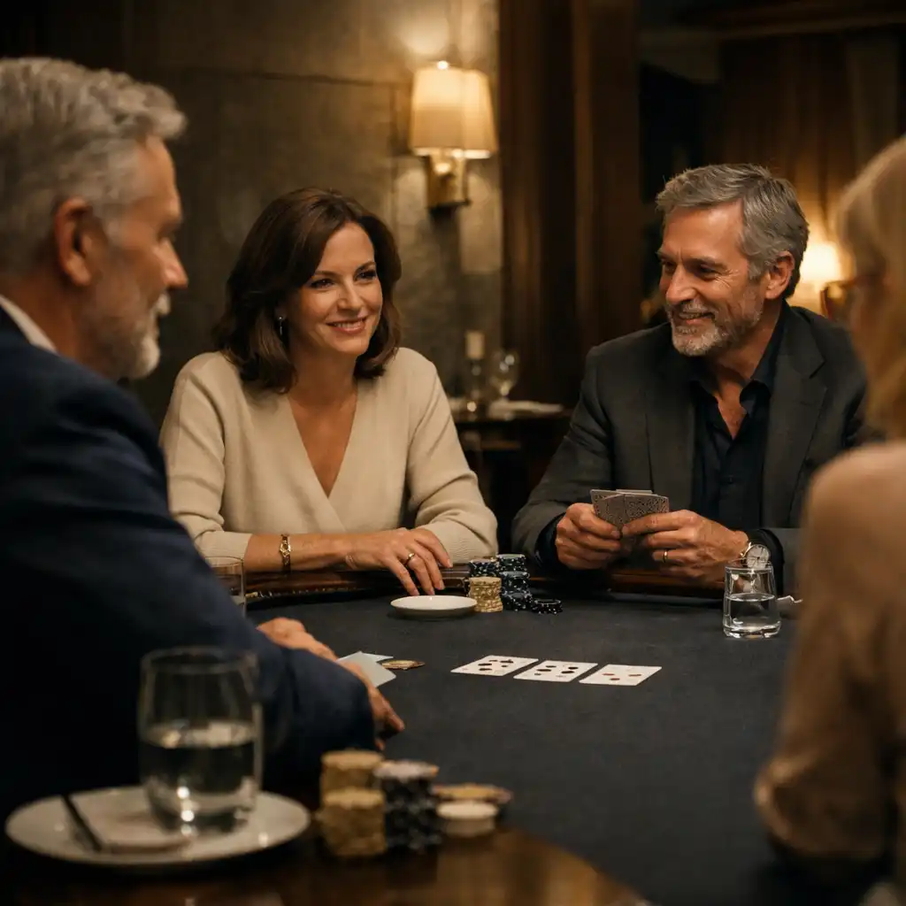 Guests conversing around a physical poker table in the card lounge