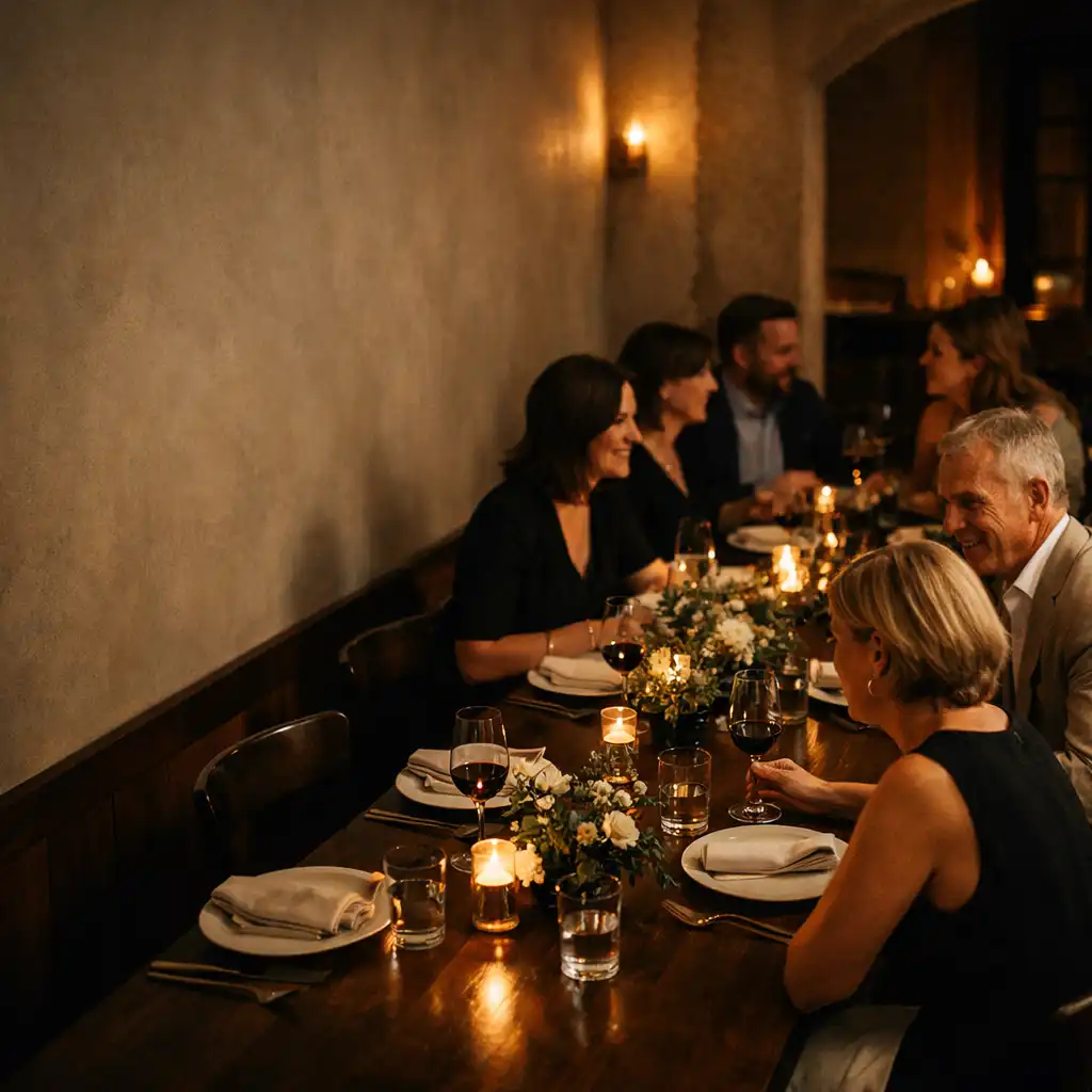 Guests gathered around a long table for an intimate private dinner