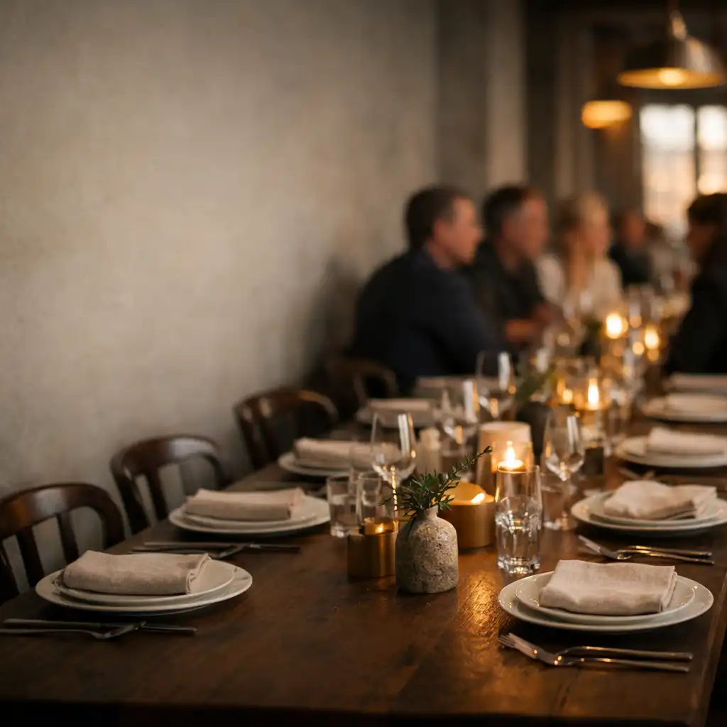 A long communal dining table set with porcelain and linen in a warmly lit room