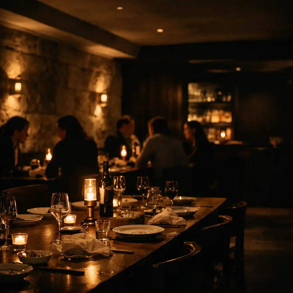 A warmly lit communal dining room in the evening