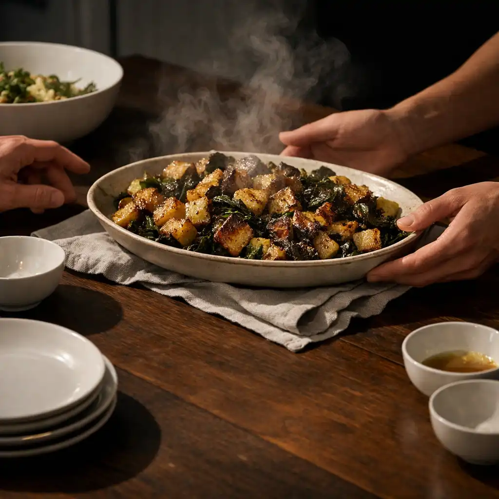 A shared dish being placed among porcelain serving pieces on a dark timber table