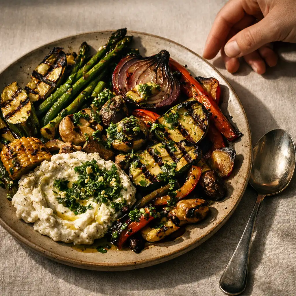 Charred seasonal vegetable plate with a serving spoon for sharing