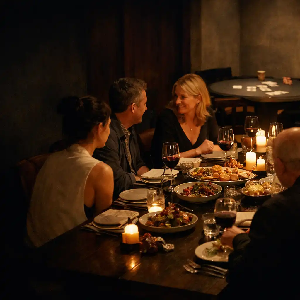 Guests sharing dinner at a long table in an intimate evening setting