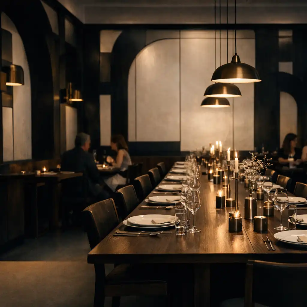 Warmly lit contemporary dining room with long communal tables