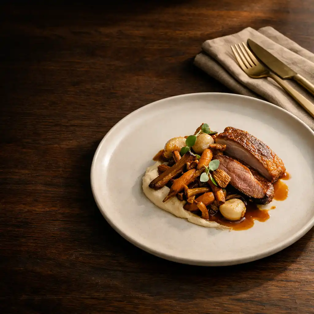Refined plated course on porcelain with linen and brass cutlery