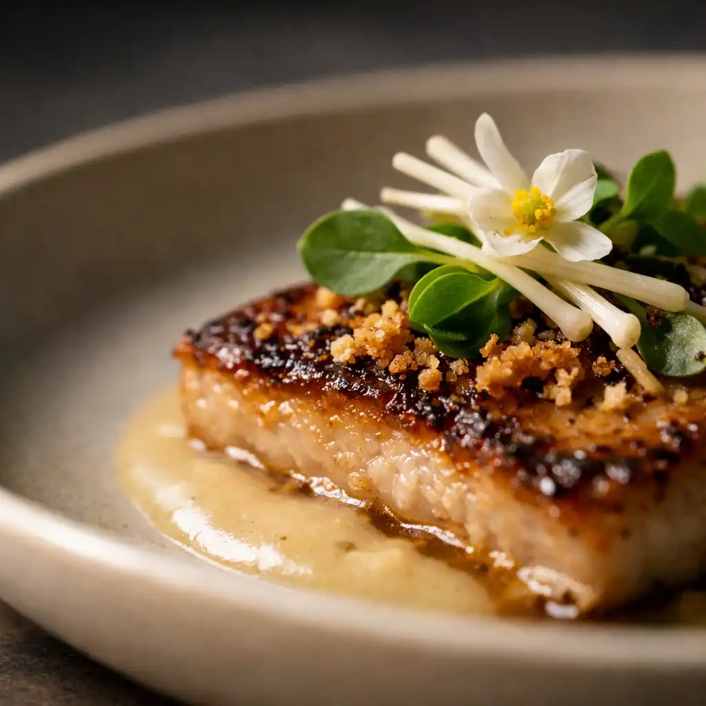 Close view of crisp, silky and toasted details on a composed restaurant plate